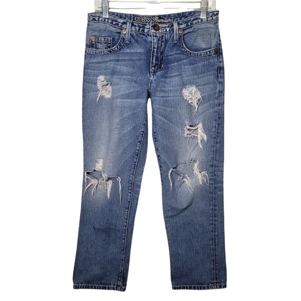 Guess jeans womens 27 medium wash blue denim distressed boyfriend jeans
